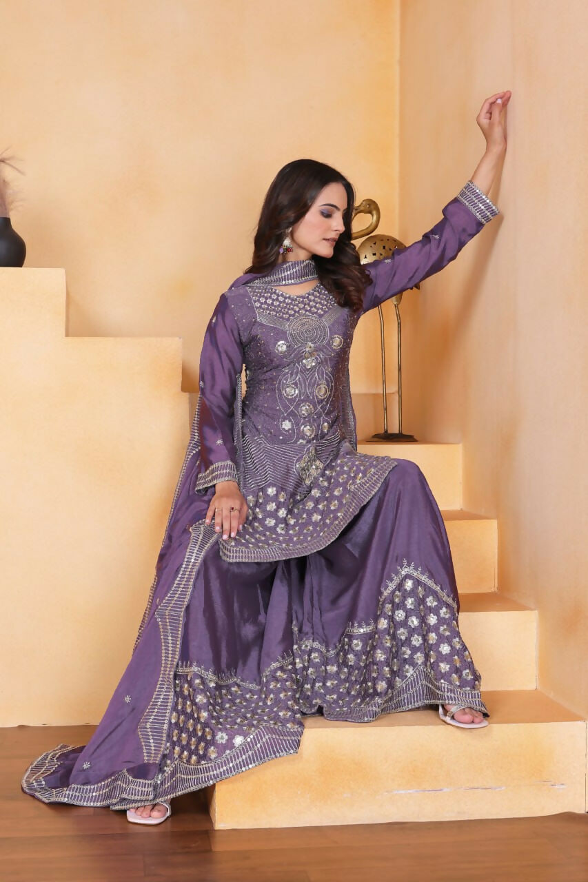 Teeya Creation Lavender Chinon Embroidery Work Party Wear Palazzo Suit