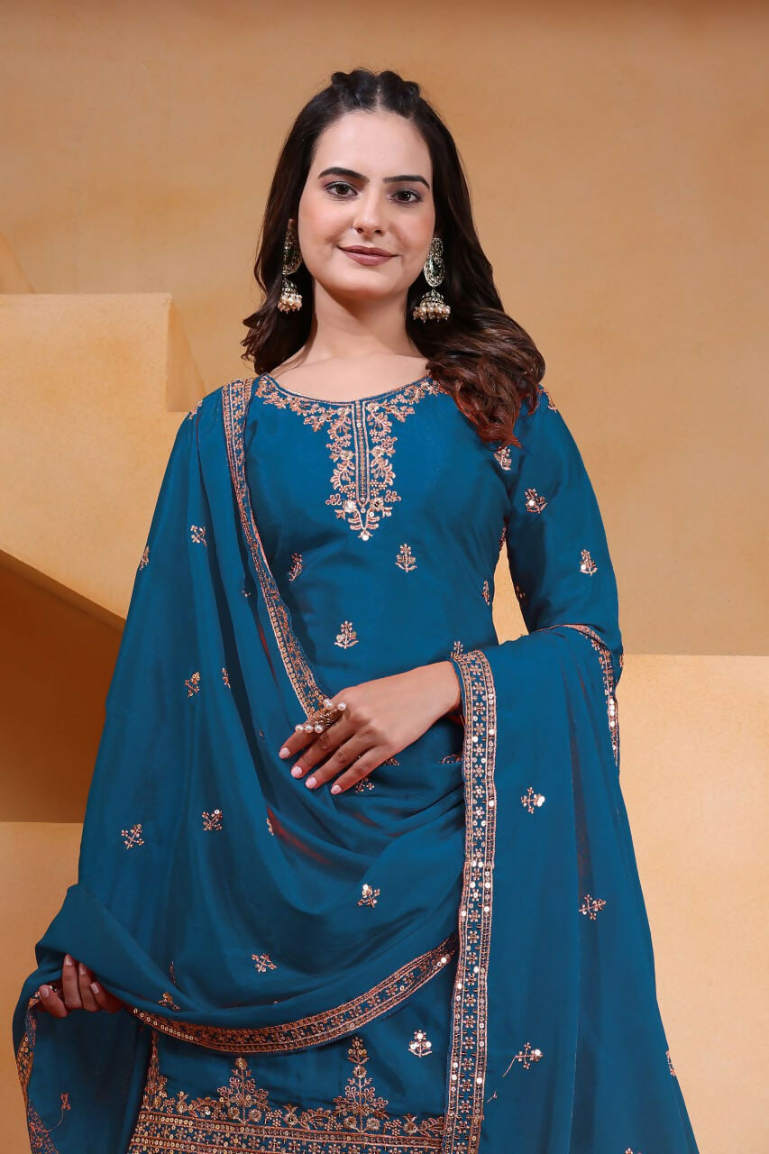 Teeya Creation Teal Color Chinon Silk Wedding Wear Trending Palazzo Set