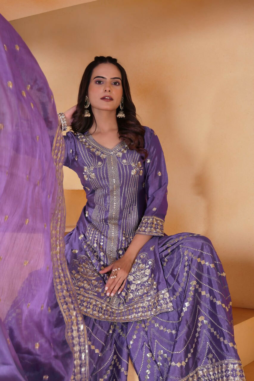 Joban Fashion Purple Silk Embroidered Sharara Set