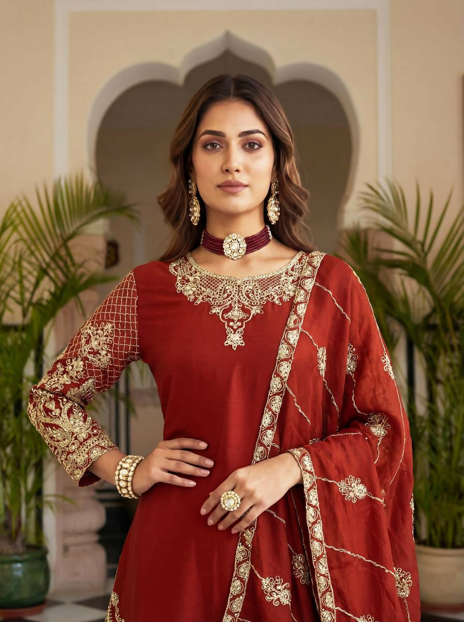 Joban Fashion Red Silk Embroidered Sharara Set