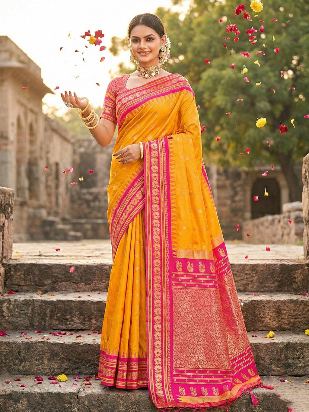 Anaita Yellow Silk Woven Saree With Blouse