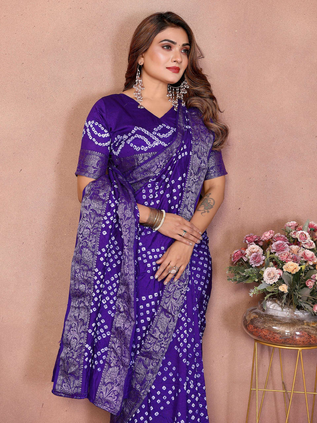 Aastha Fashion Purple Pure Dola Silk Handmade Original Bandhej Saree