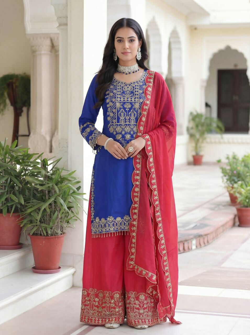 Teeya Creation Blue Chinon Silk Designer Wedding Wear Embroidery Work Palazzo