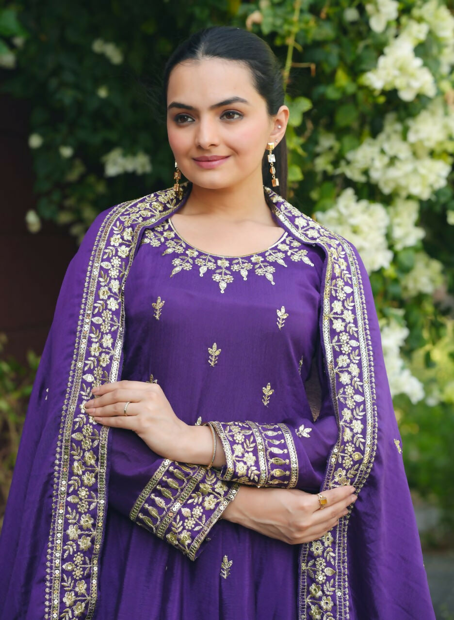 Joban Fashion Purple Silk Embroidered Anarkali Dress