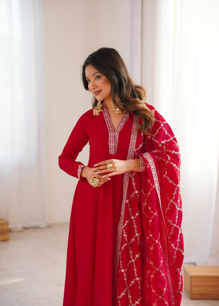 Lehenga Mart Designer Anarkali Suit With Kurta, Dupatta For Women-Red