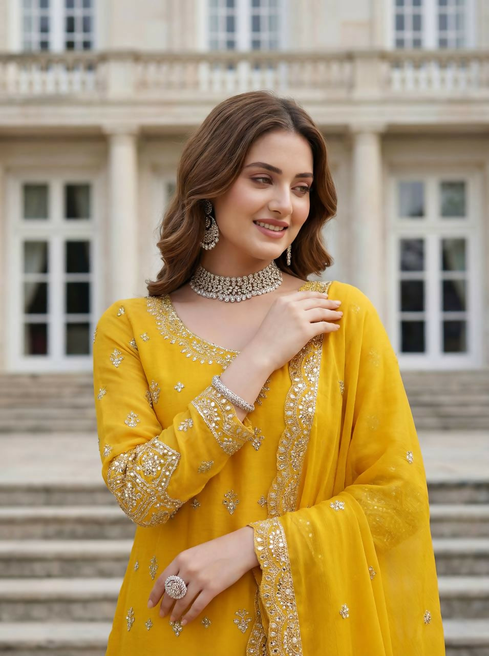 Teeya Creation Yellow Chinon Silk Embroidery Work Party Wear Palazzo Pair