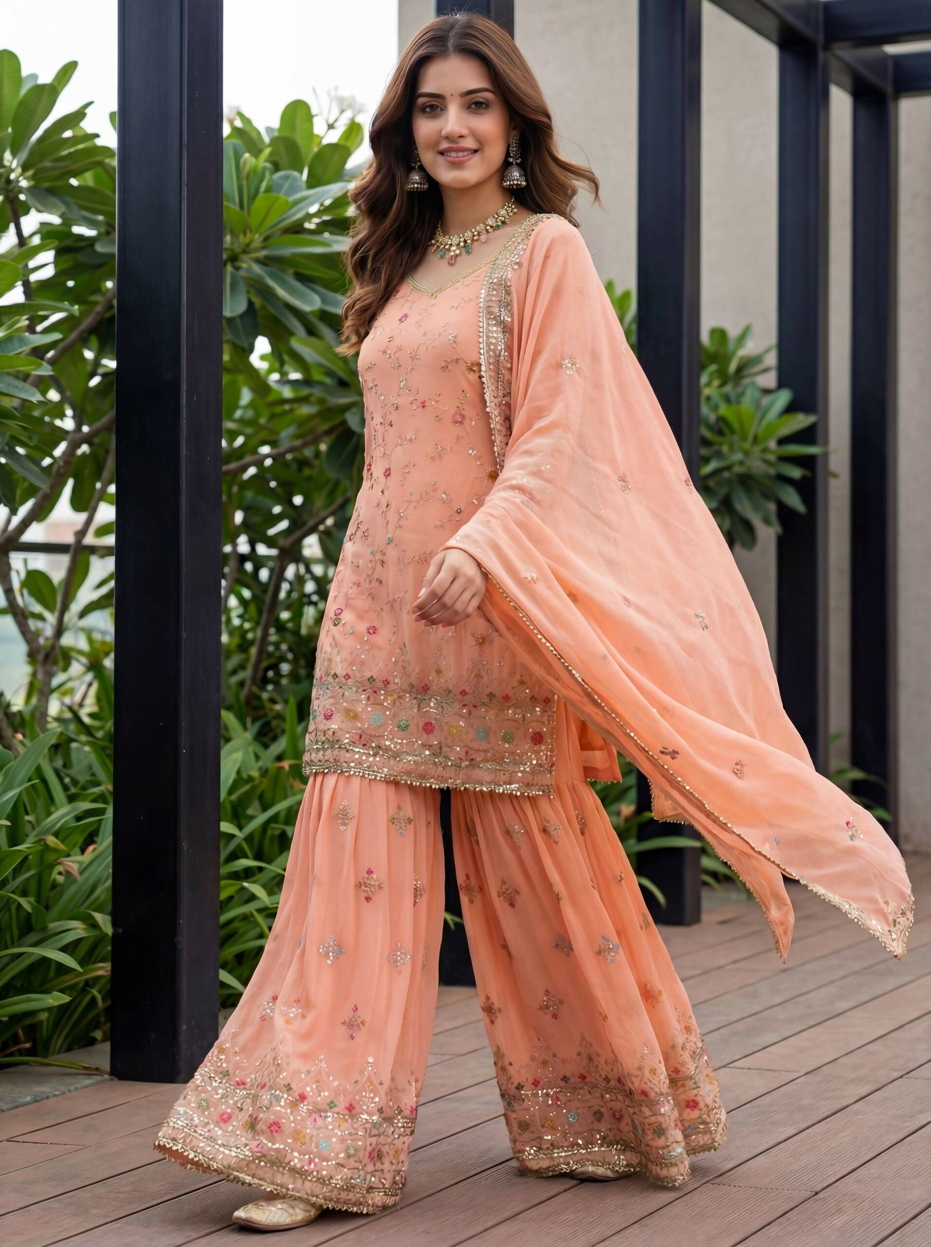 Joban Fashion Orange Georgette Embroidered Sharara Set