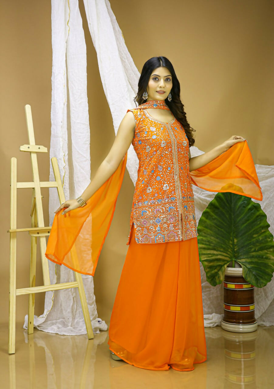 Joban Fashion Orange Georgette Embroidered Sharara Set
