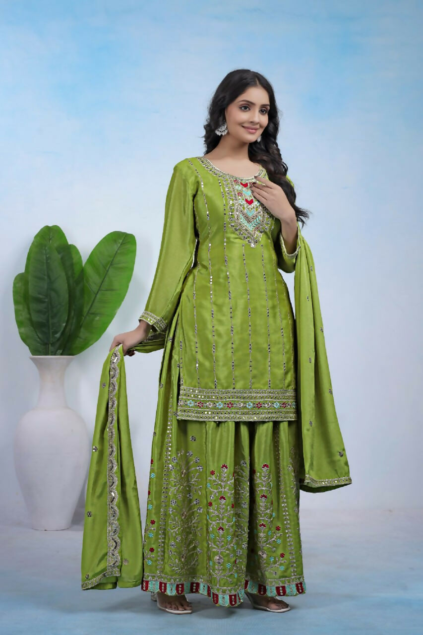 Teeya Creation Parrot Green Color Chinon Silk Wedding Wear Trending Palazzo Set