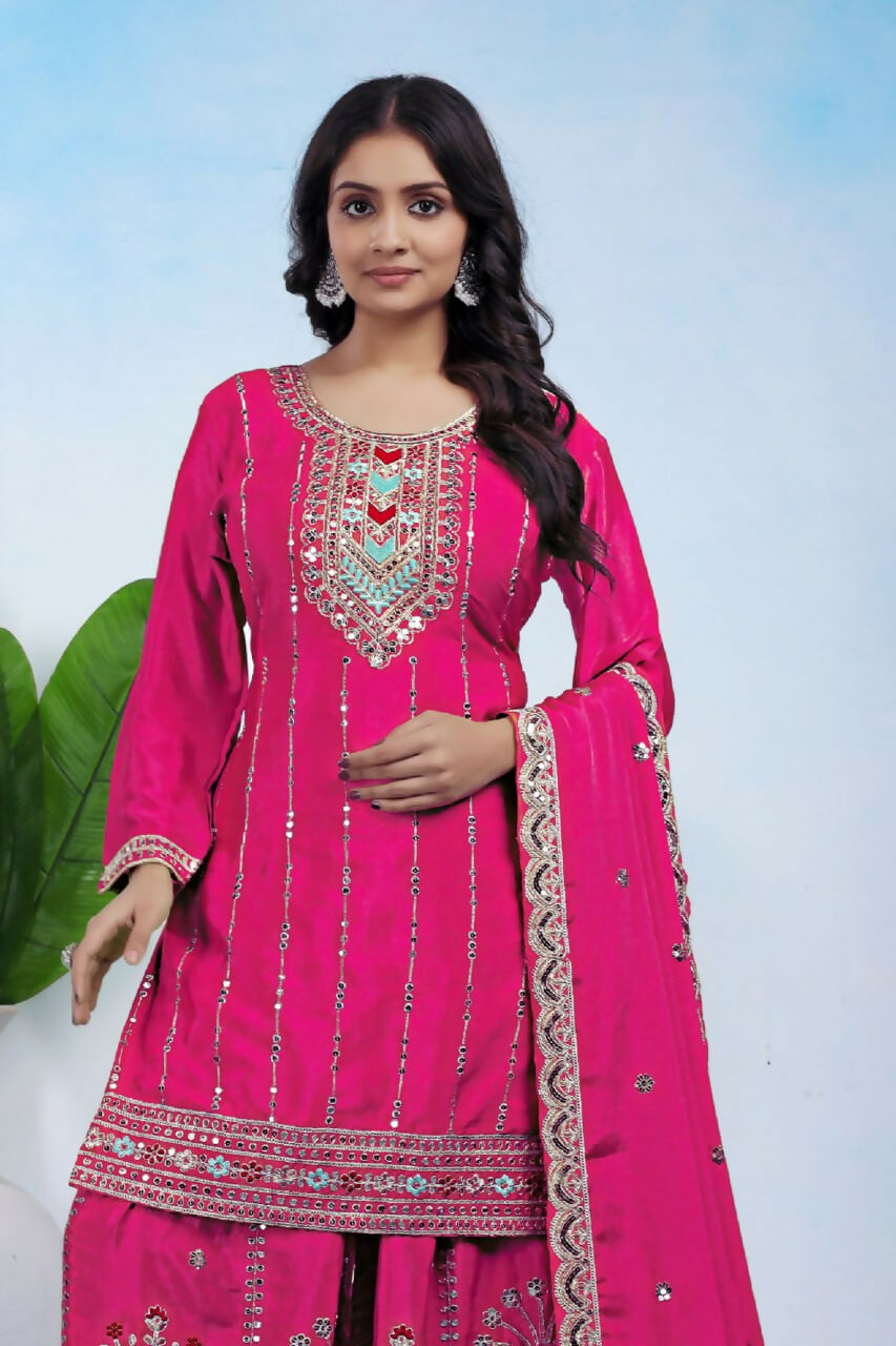 Teeya Creation Pink Color Chinon Silk Wedding Wear Trending Palazzo Set