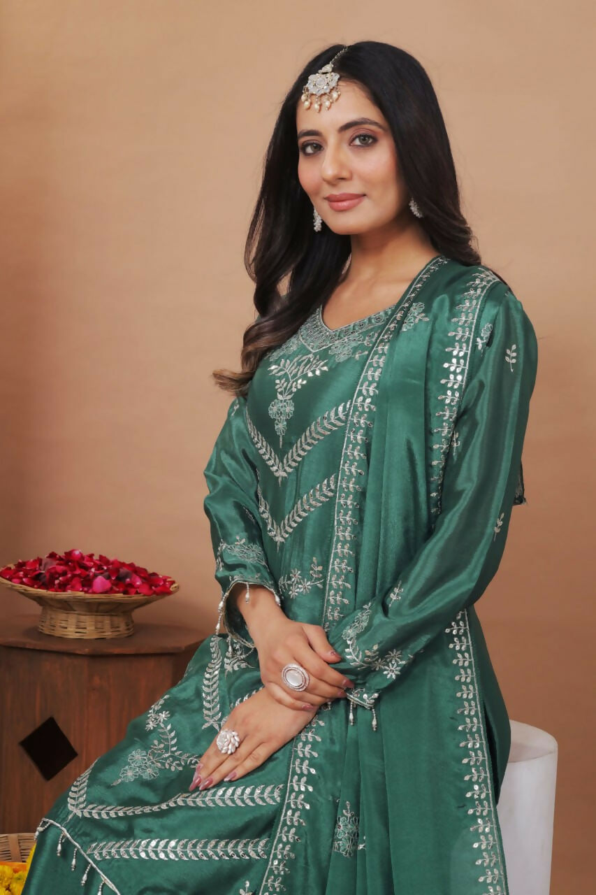 Joban Fashion Green Silk Embroidered Sharara Set