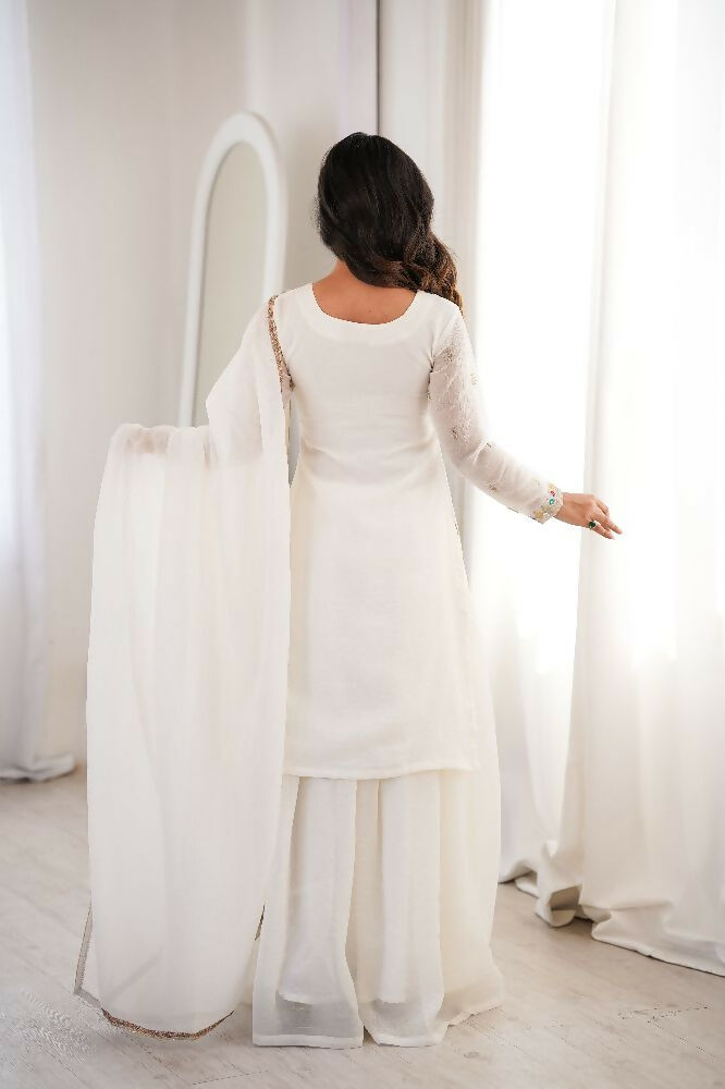 Teeya Creation White Color Soft Crunchy Silk Party Wear Designer Sharara set