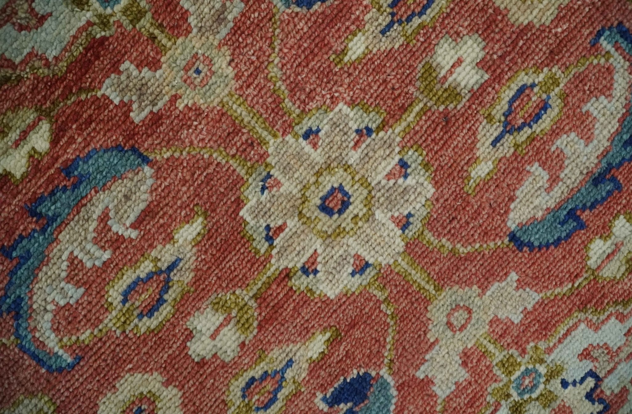 Antique Floral Style Rust, Teal, Ivory and Olive Hand Knotted Oriental Oushak 8x10 Wool Area Rug