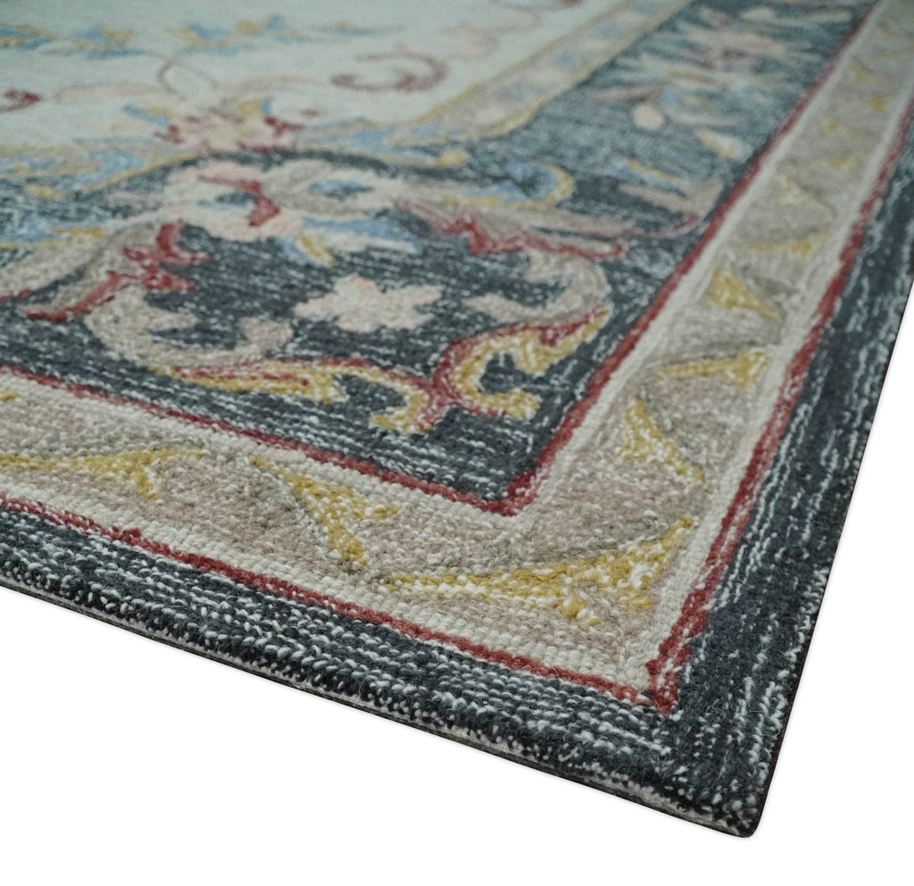Antique Style Beige and Charcoal Aubusson design Hand Tufted 8x10 wool Area Rug