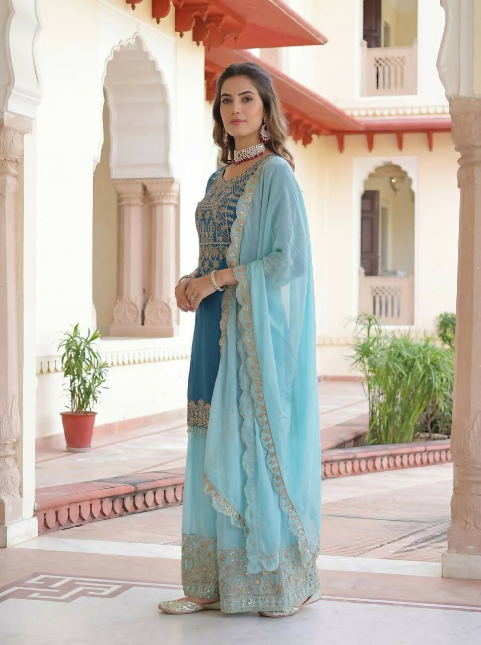 Joban Fashion Blue Silk Embroidered Sharara Set