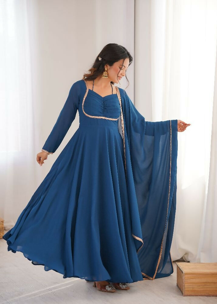 Teeya Creation Blue Faux Georgette Designer Party Wear Long Gown