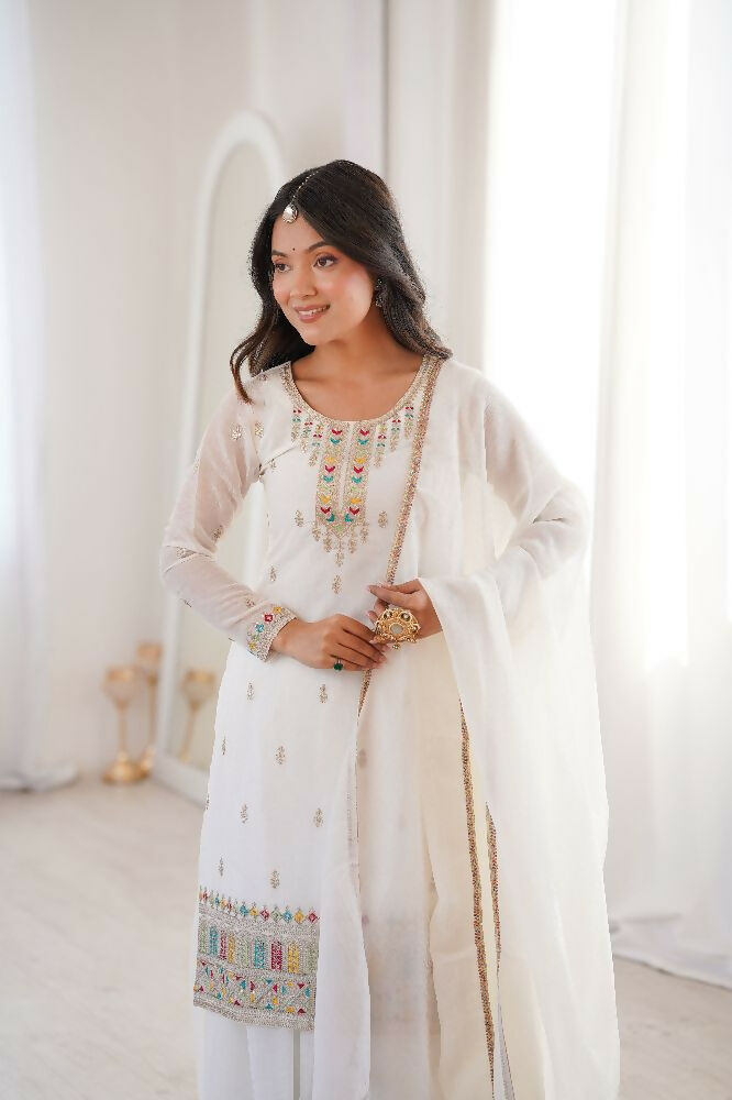 Teeya Creation White Color Soft Crunchy Silk Party Wear Designer Sharara set