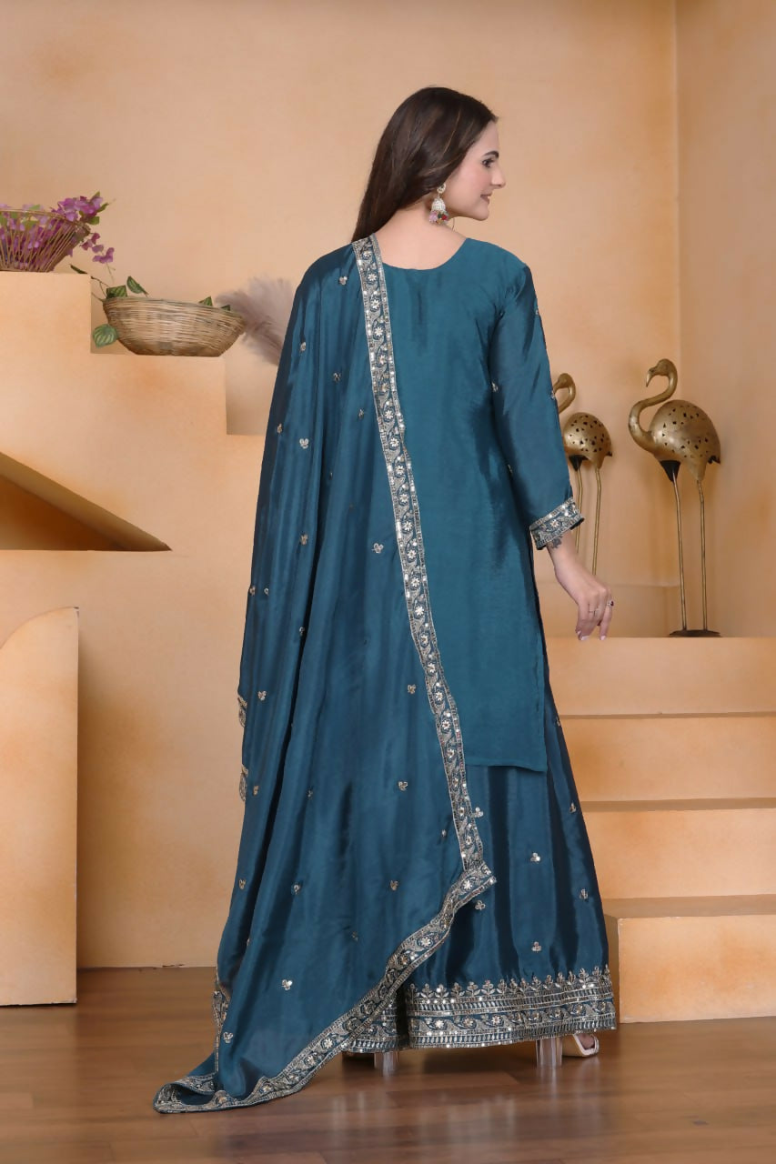 Teeya Creation Teal Color Chinon Silk Wedding Wear Trending Palazzo Set