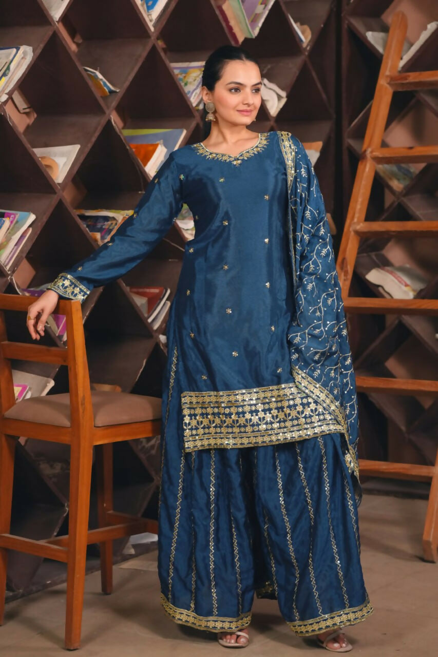 Teeya Creation Blue Color Chinon Silk Wedding Wear Trending Palazzo Set