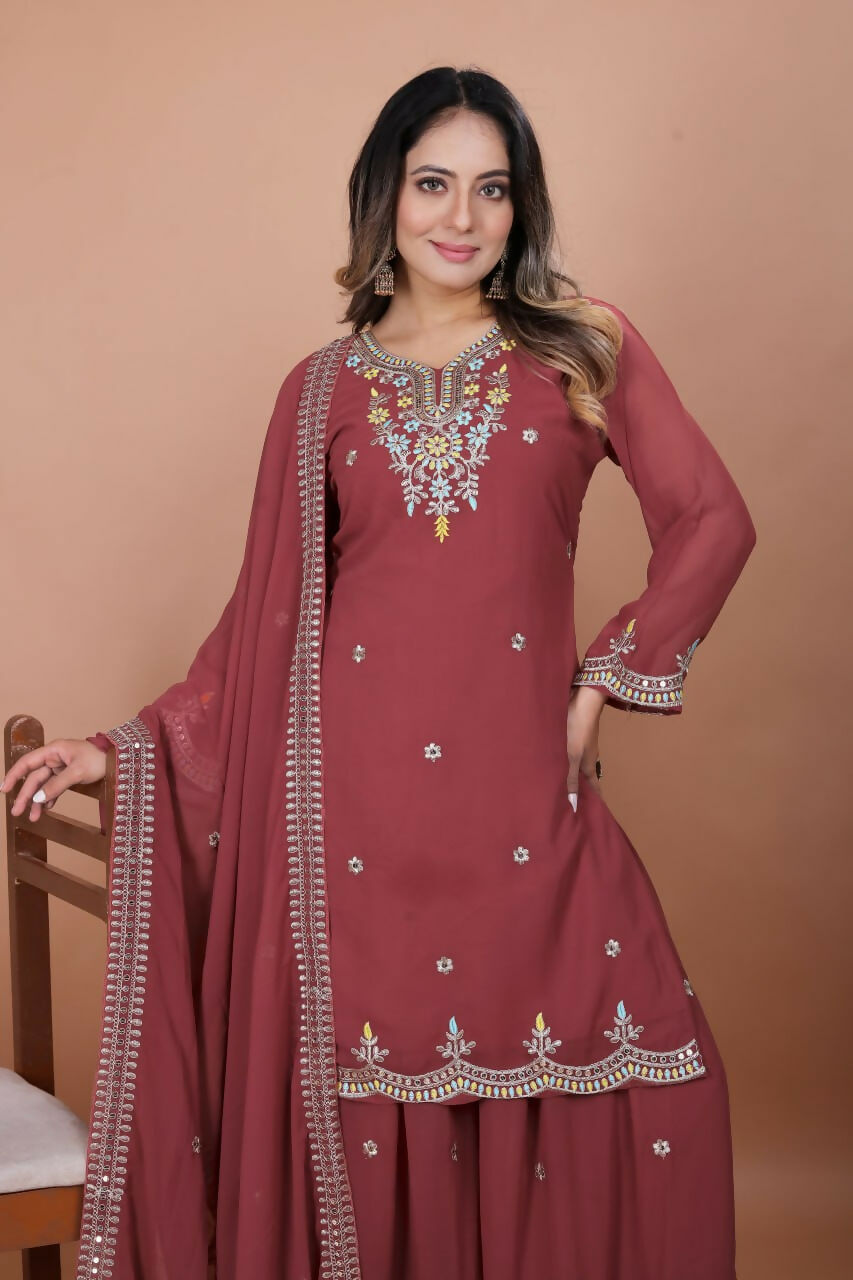 Joban Fashion Maroon Georgette Embroidered Sharara Set