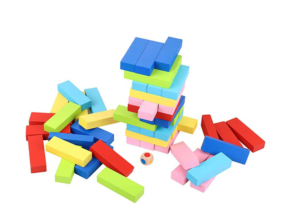 Skoodle Quest Stackrr Color Crash Tumbling Tower Game with 54 Precision Wooden Blocks of Premium Beachwood for Adults and Kids