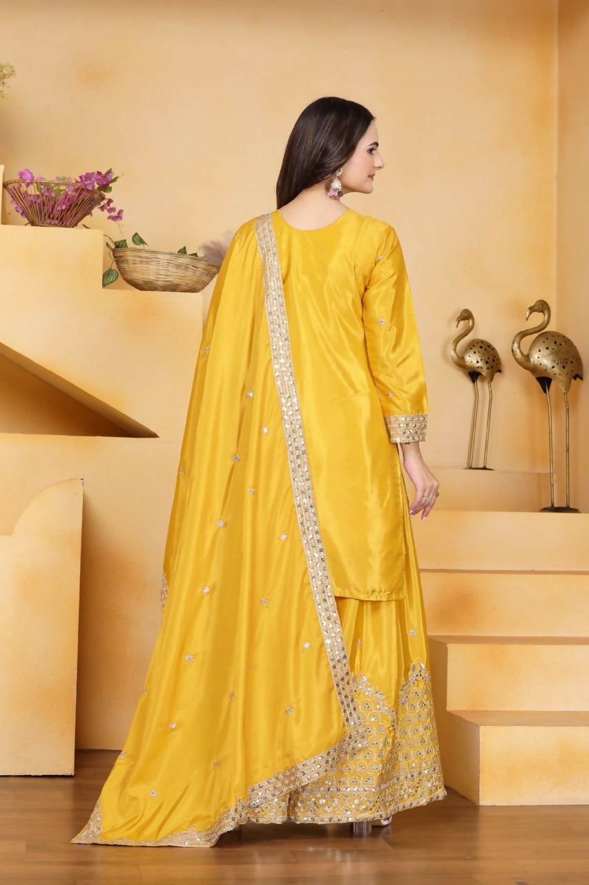 Teeya Creation Yellow Color Natural Crepe Silk Wedding Wear Trending Palazzo Set