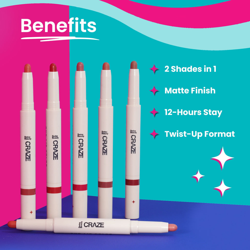 Swiss Beauty CRAZE Duo 2 In 1 Satin Matte Finish Lipstick Non-Transfer Lip Colour - 01 Party Ready