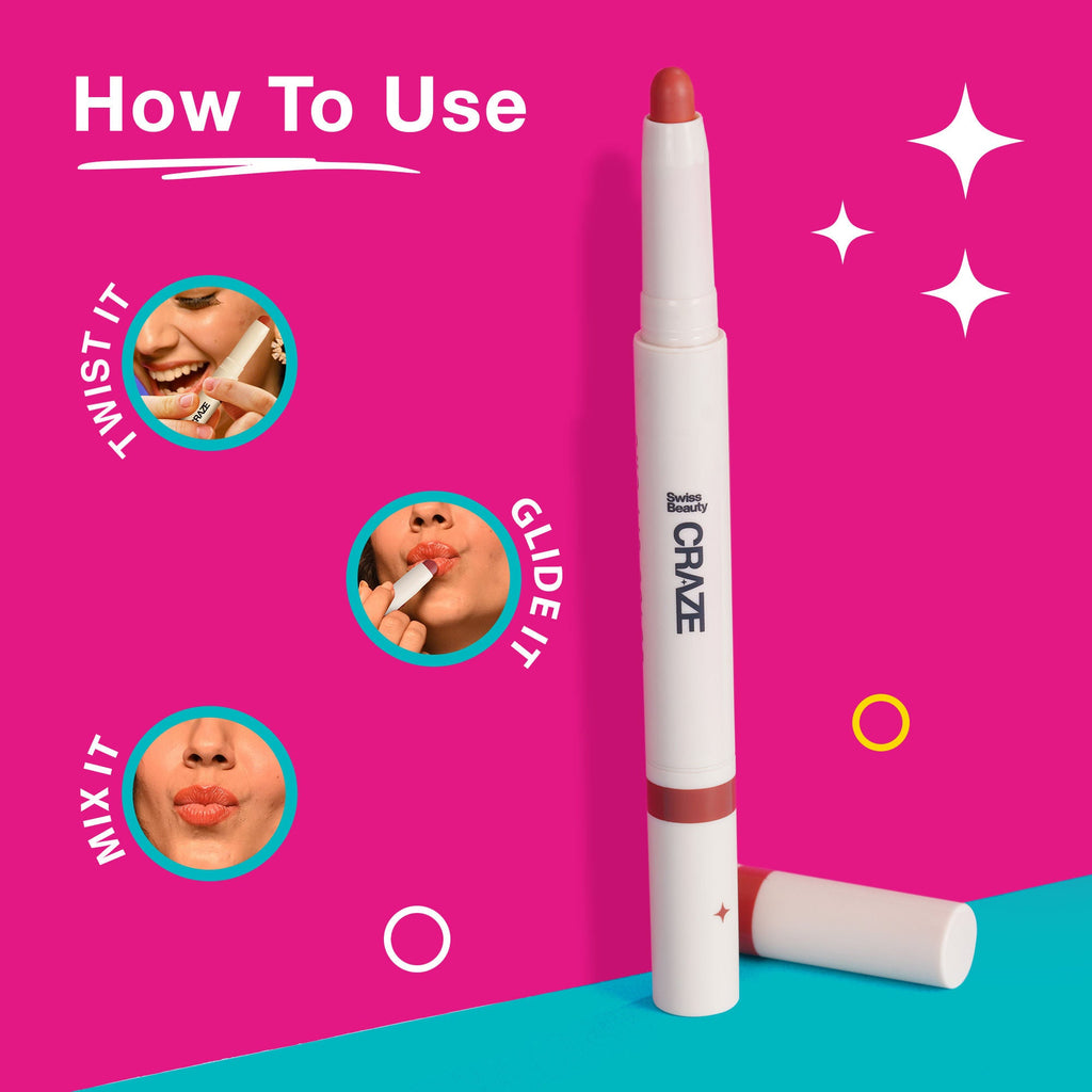 Swiss Beauty CRAZE Duo 2 In 1 Satin Matte Finish Lipstick Non-Transfer Lip Colour - 04 Terrafic Pink