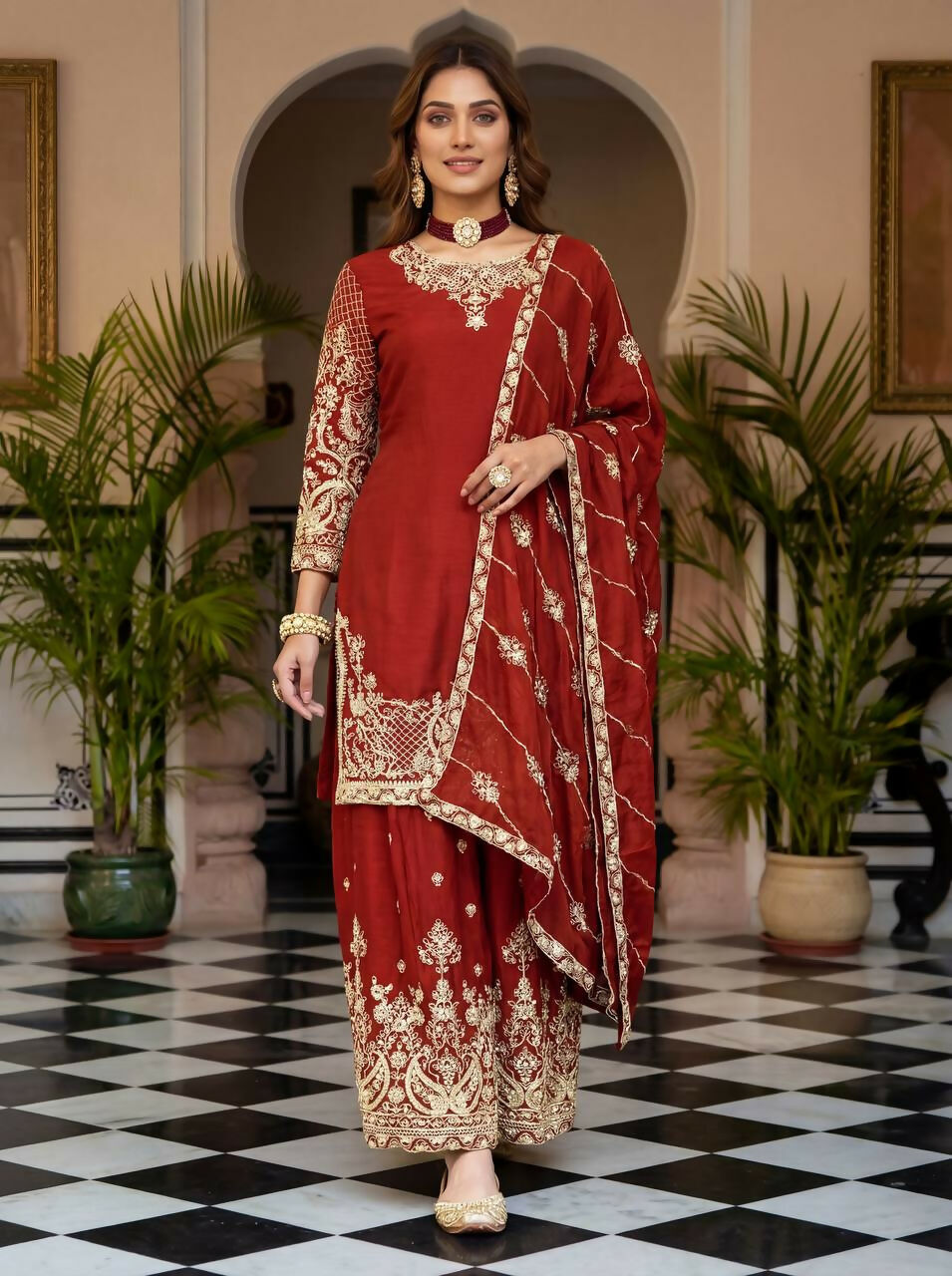 Joban Fashion Red Silk Embroidered Sharara Set