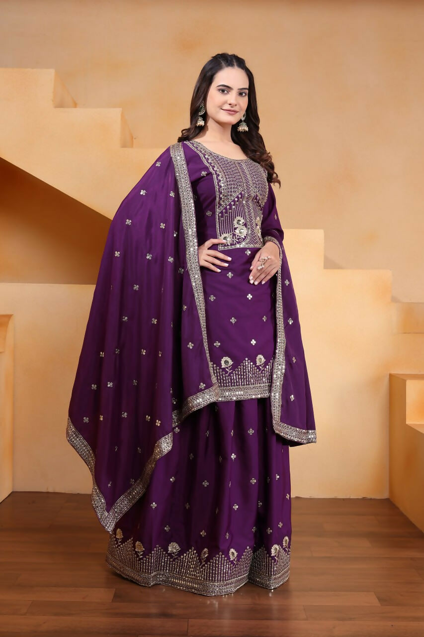 Joban Fashion Wine Crepe Embroidered Sharara Set