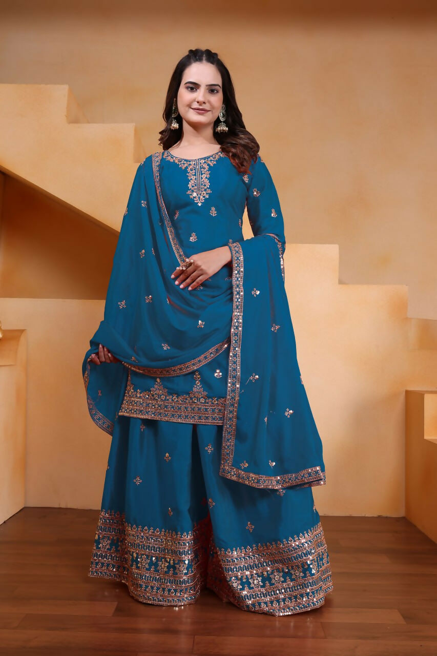 Teeya Creation Teal Color Chinon Silk Wedding Wear Trending Palazzo Set