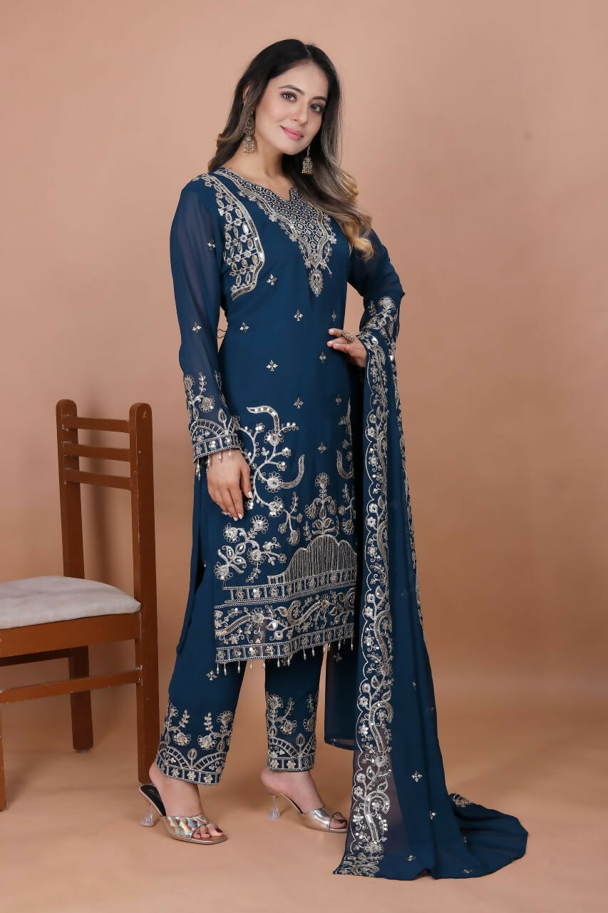Teeya Creation Blue Faux Georgette Embroidery Work Salwar Suit