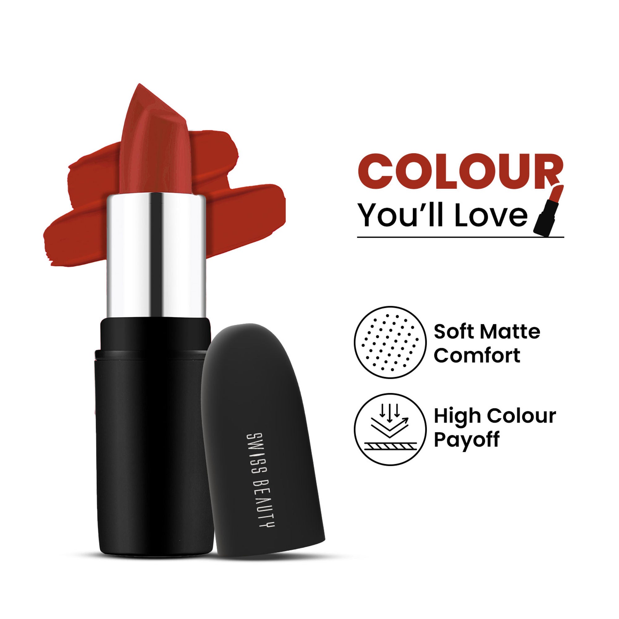Swiss Beauty Pure Matte Lipstick , Non-Drying, Smooth Glide, Long Lasting - 208 Orange Red