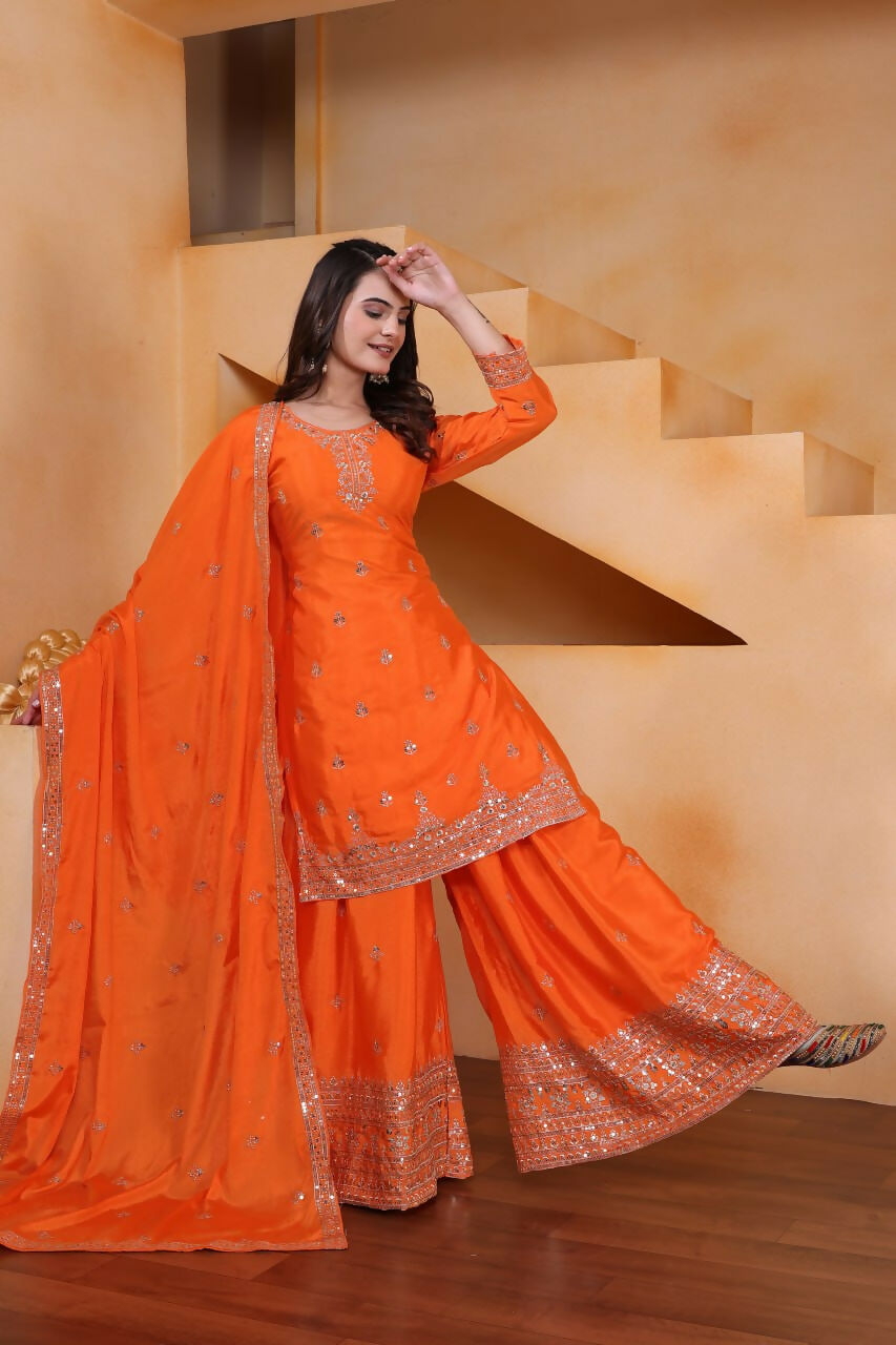 Teeya Creation Orange Color Chinon Silk Wedding Wear Trending Palazzo Set