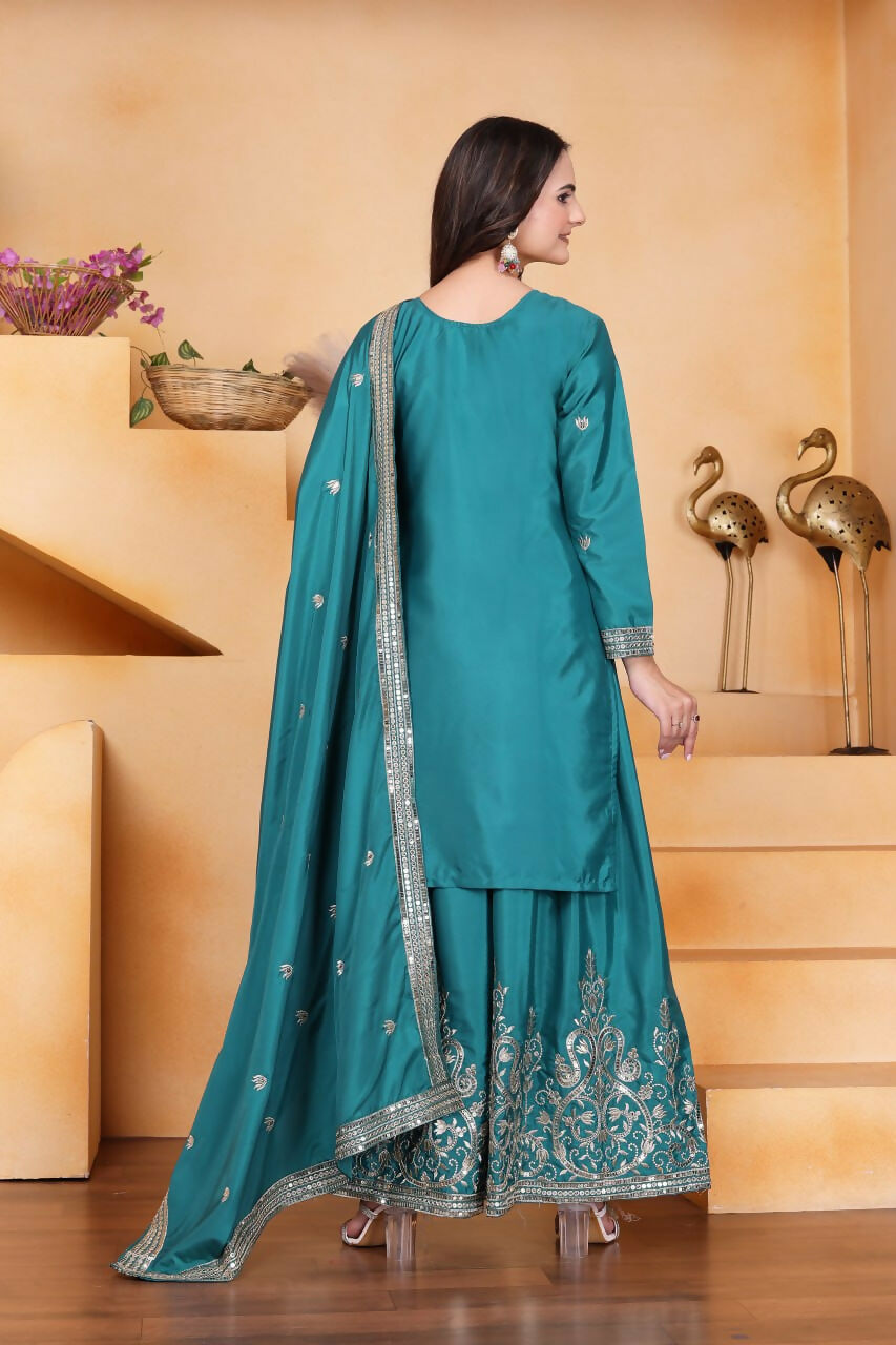 Teeya Creation Teal Color Natural Crepe Silk Wedding Wear Trending Palazzo Set