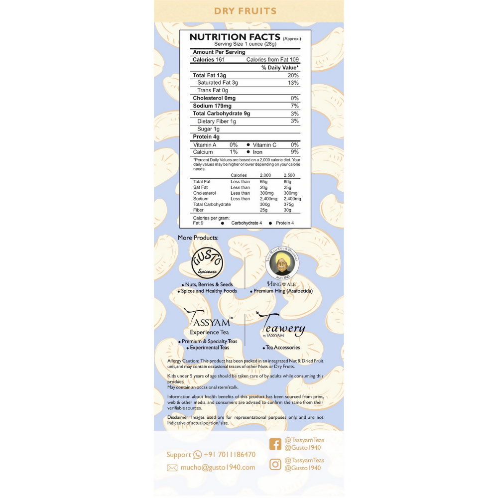 Tassyam Organics Roasted Salted Cashews Namkeen Kaju - Box