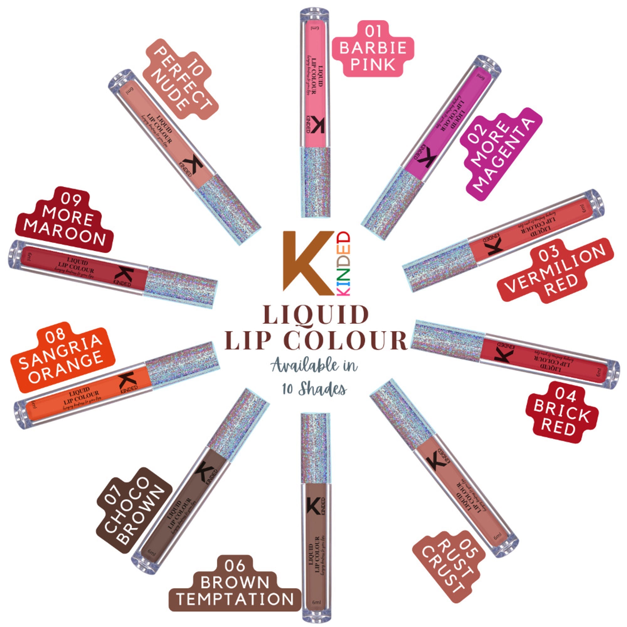 KINDED Liquid Lip Colour Lipstick Lip Gloss - 03 Vermilion Red