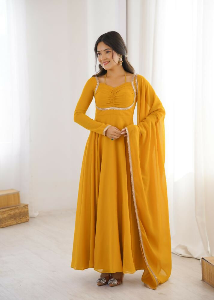 Lehenga Mart Designer Anarkali Suit With Kurta, Dupatta For Women-Yellow