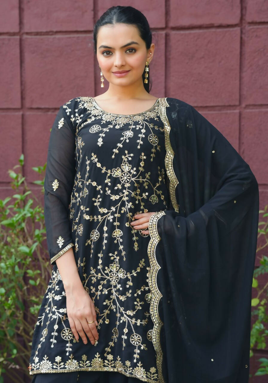 Teeya Creation Black Color Faux Georgette Embroidery Work Wedding Wear Palazzo Set