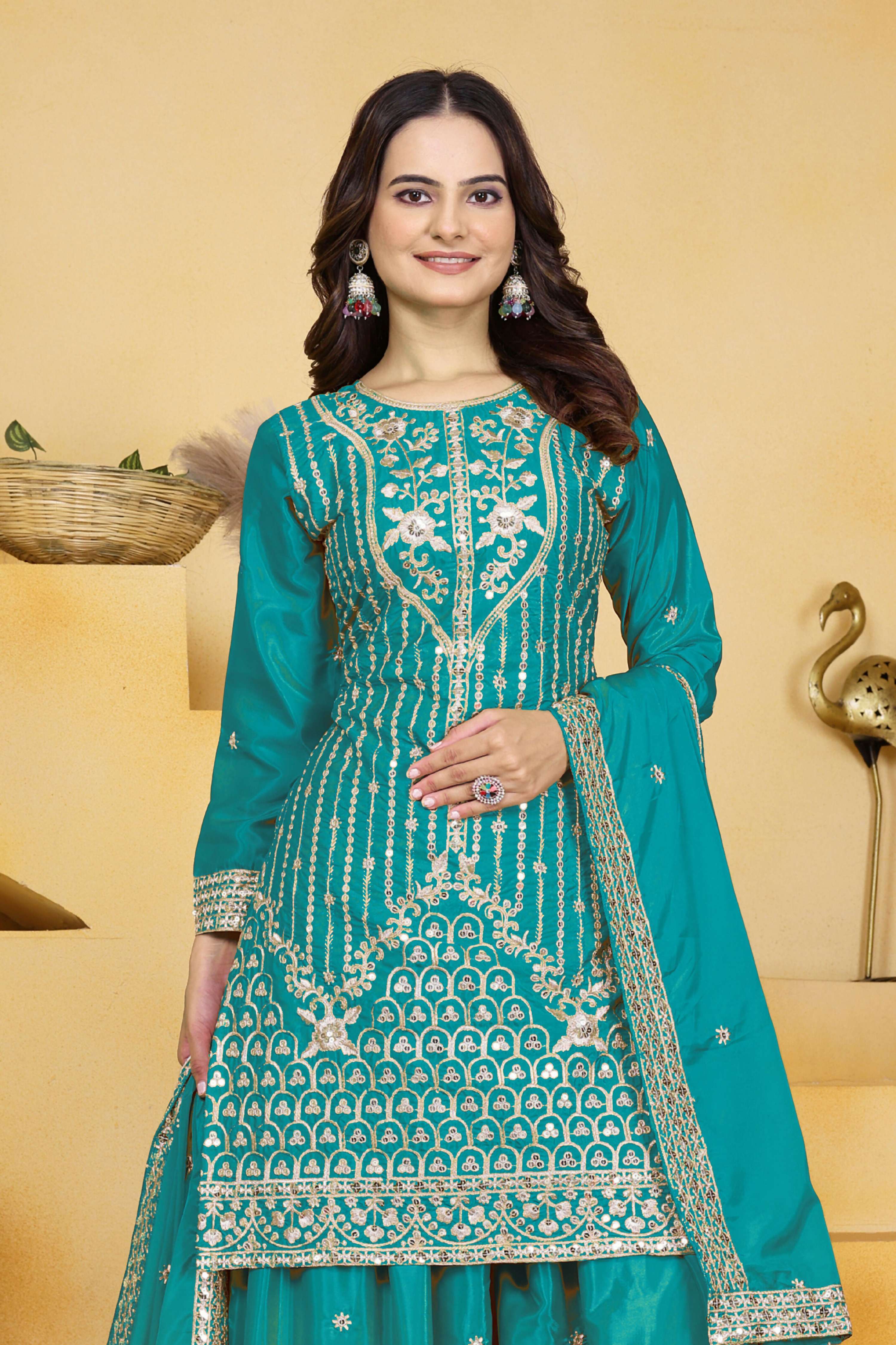 Lehenga Mart Designer Sharara Suit With Kurta, Sharara, Dupatta For Women-Teal