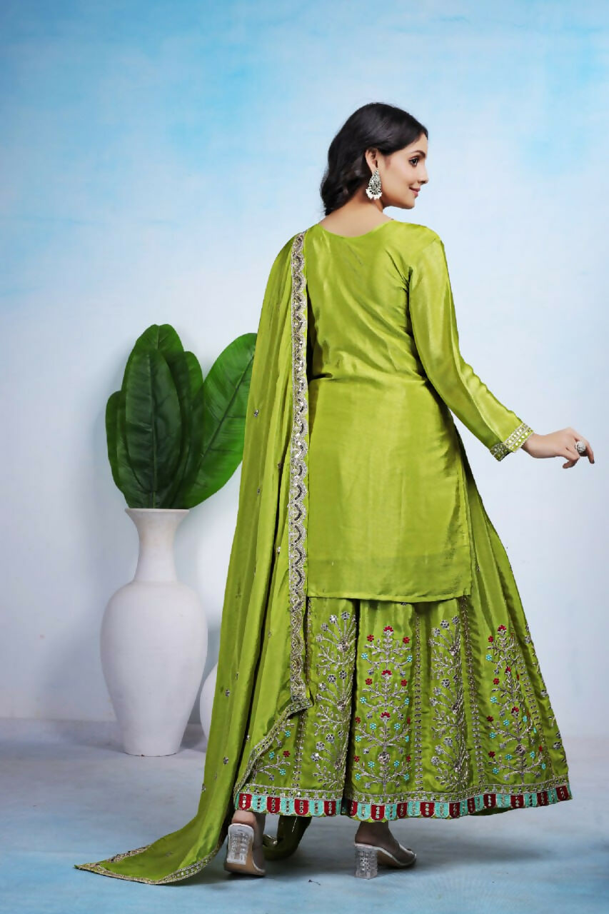 Joban Fashion Green Silk Embroidered Sharara Set