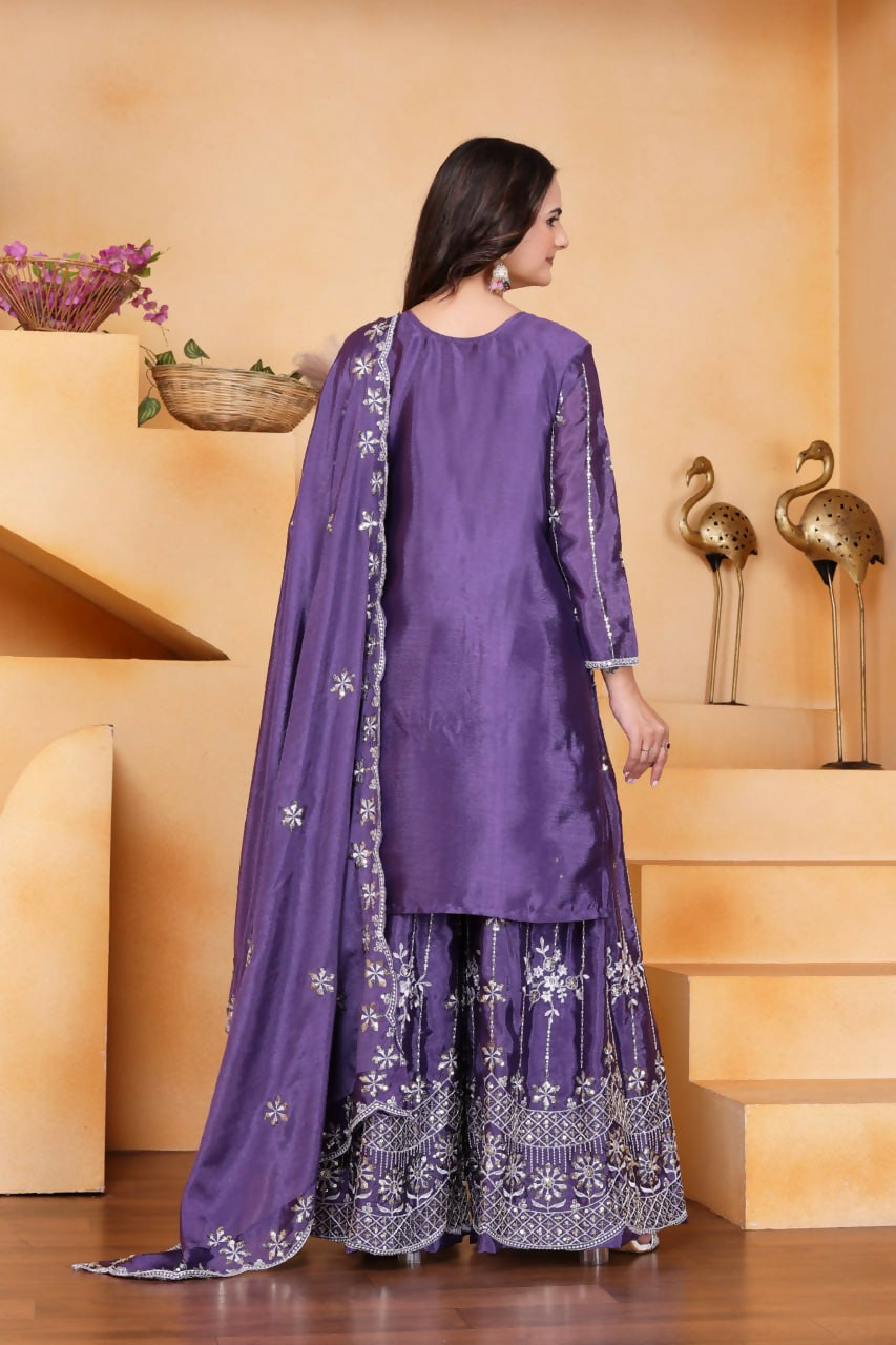 Teeya Creation Lavender Color Chinon Silk Wedding Wear Trending Palazzo Set