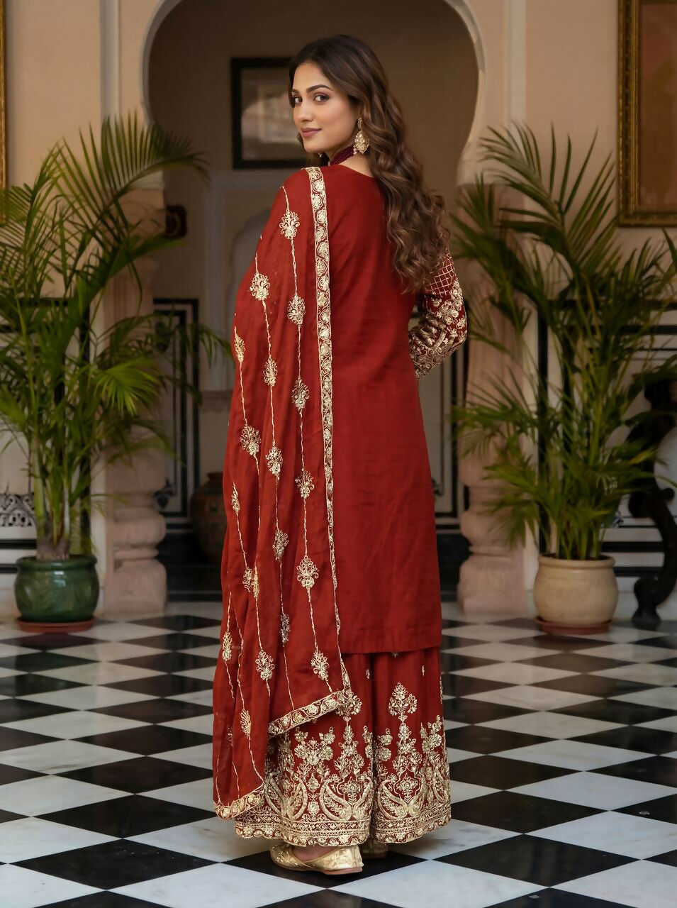 Teeya Creation Red Chinon Silk Designer Wedding Wear Embroidery Work Palazzo
