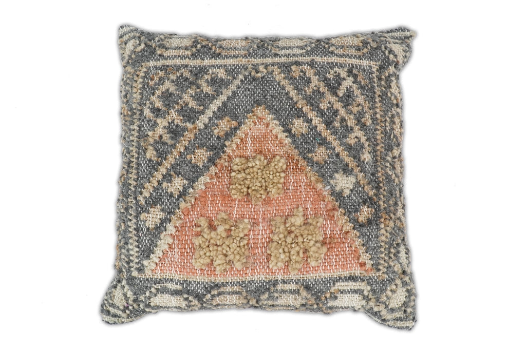 Hand Woven Boho Tribal Accent Charcoal Jute and Wool Pillow, Cushion | PL12