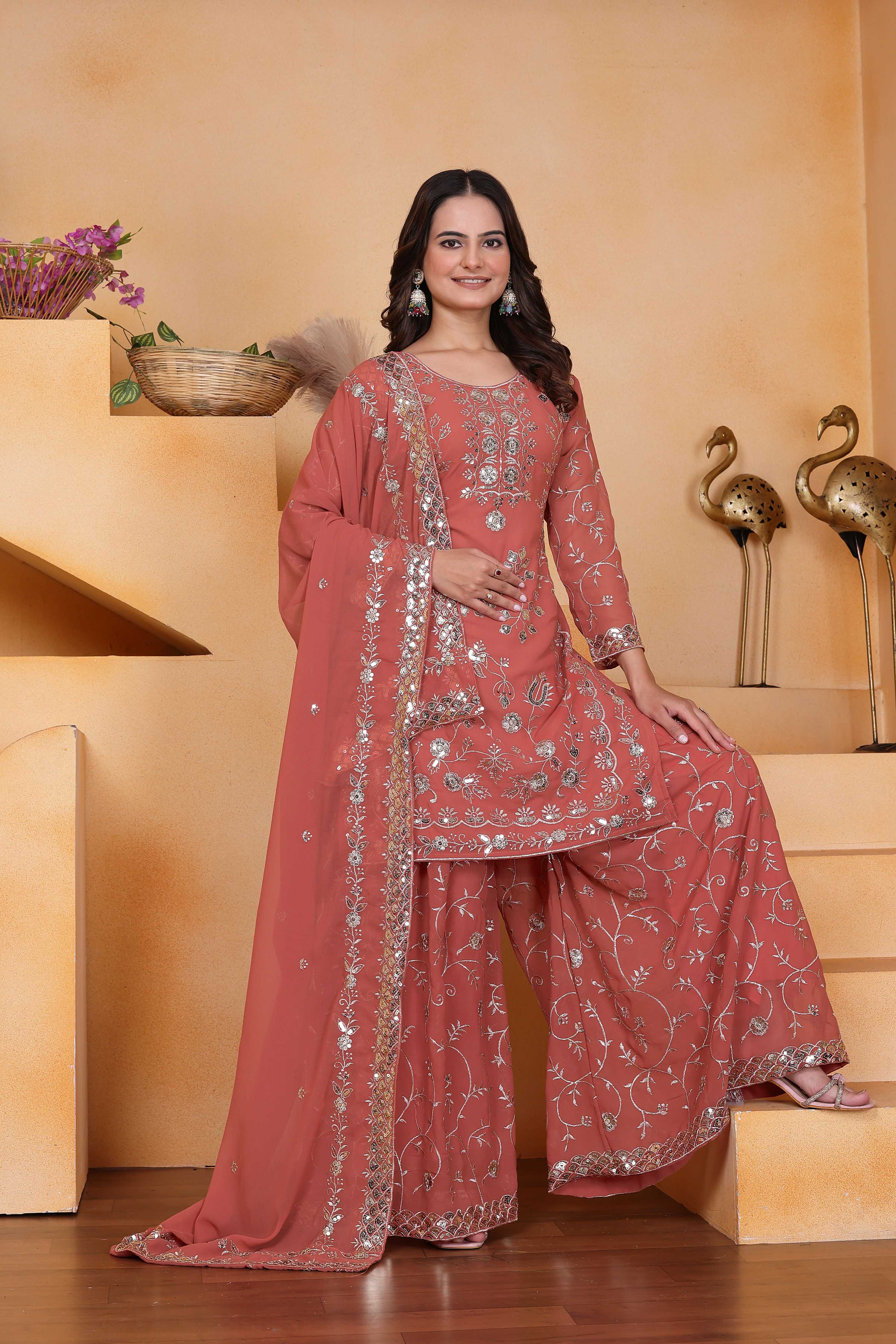 Lehenga Mart Designer Sharara Suit With Kurta, Sharara, Dupatta For Women-Rust Orange