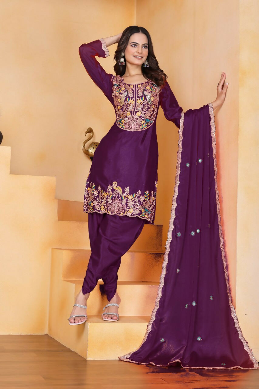 Teeya Creation Wine Color Chinon Silk Party Wear Punjabi Dhoti Suit