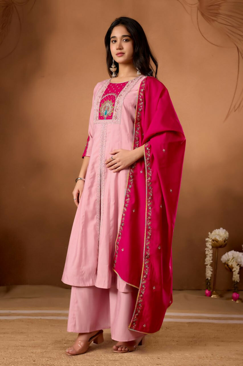 Lehenga Mart Designer Front-Slit Kurta, Paired With Wide-Leg Palazzo Pants And A Dupatta.-Rose Pink