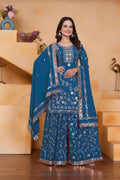Teeya Creation Blue Color Faux Georgette Embroidery Work Wedding Wear Palazzo Set