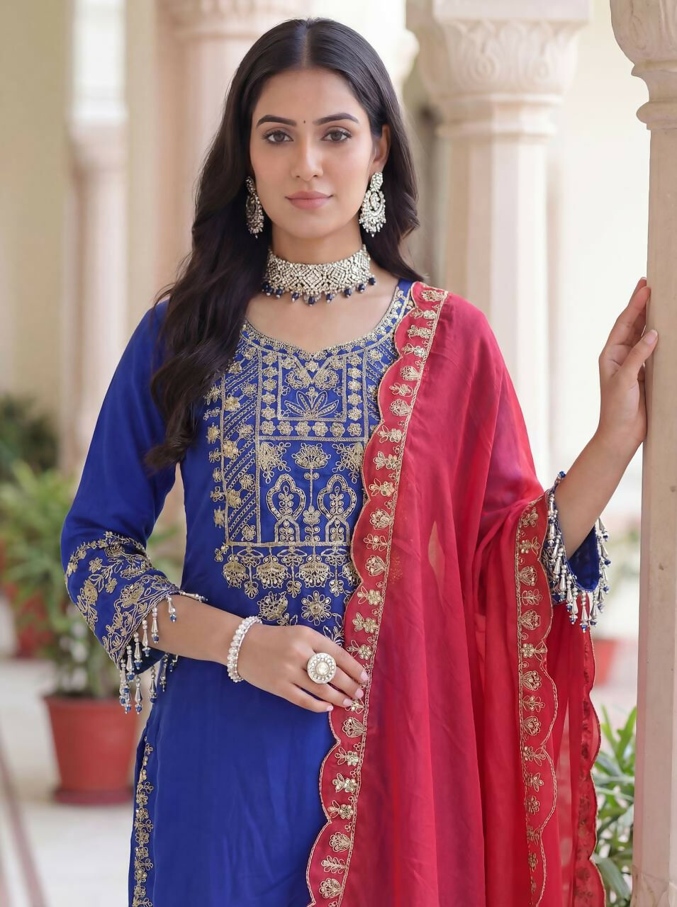 Teeya Creation Blue Chinon Silk Designer Wedding Wear Embroidery Work Palazzo