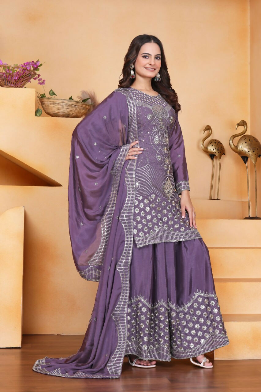Joban Fashion Purple Silk Embroidered Sharara Set
